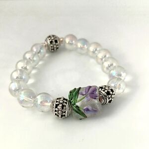 Angel Aura Quartz and Lampwork Flower Beaded Stretch Bracelet